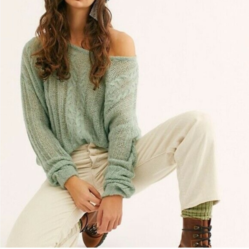 Free People Sage Green Open Knit Pullover Sweater